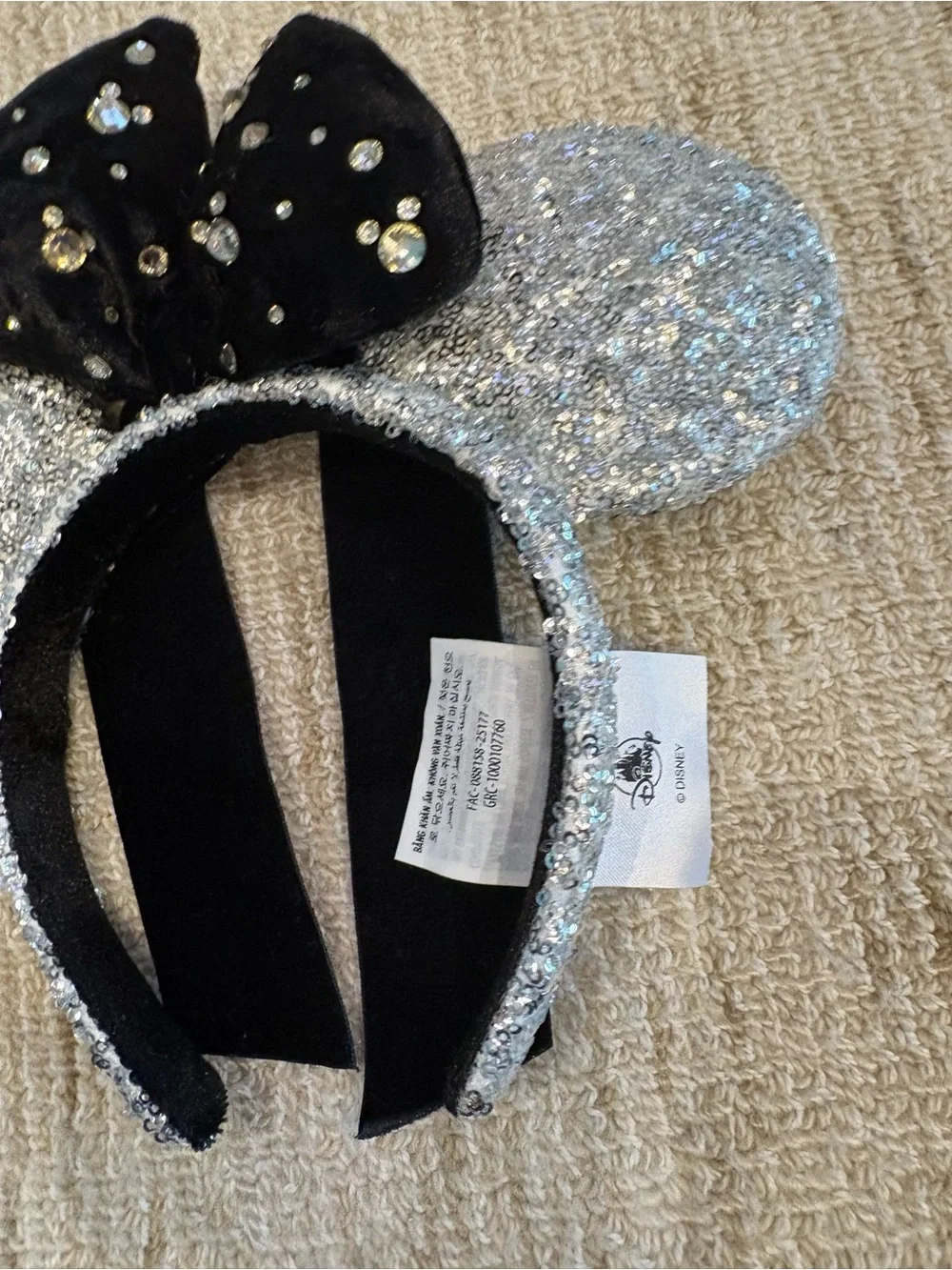 Disney Silver Sequin Minnie Ears Headband with Black Jeweled Bow